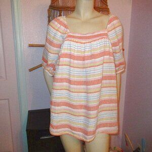 Talbots Square Neck Linen Top Size 1X Puff Sleeves Smocked Striped Lightweight